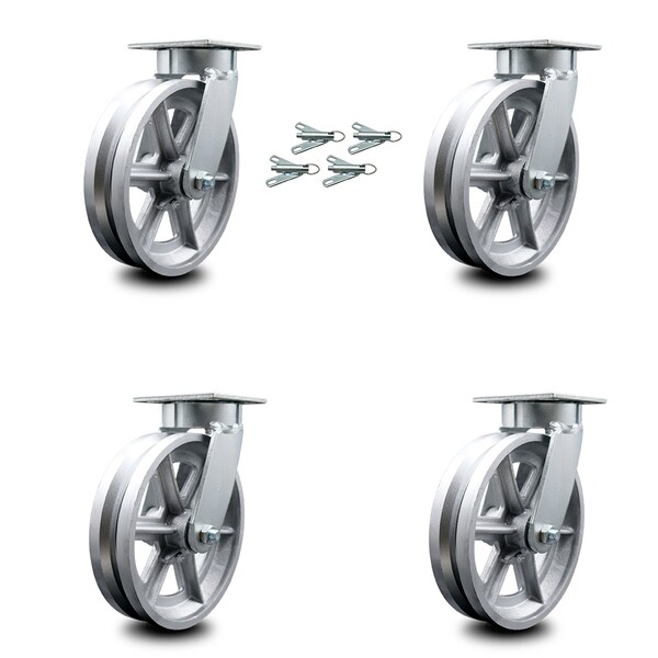 Service Caster 8 Inch Kingpinless V Groove Semi Steel Wheel Swivel Caster Set with Swivel Lock SCC-KP30S820-VGR-BSL-4 - main